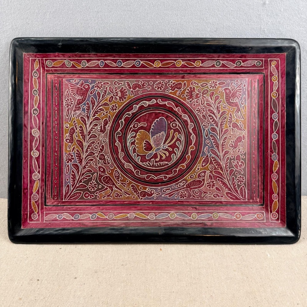 Vintage‎ Olinala Mexican Lacquerware Tray Hand Painted Wood Folk Art Butterfly